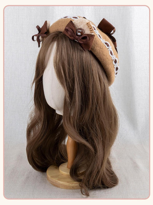 Stardust Rose Caramel Lace Bow Sweet Cute Round Top Women's Warm Full Bonnets