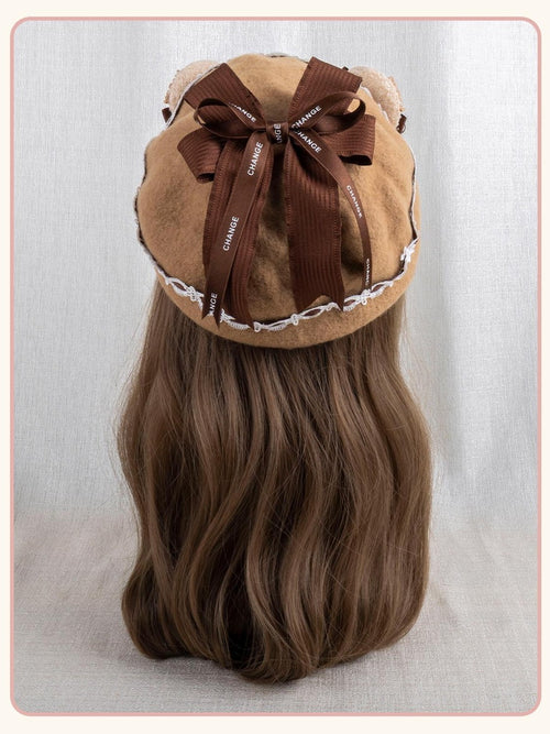 Stardust Rose Caramel Lace Bow Sweet Cute Round Top Women's Warm Full Bonnets