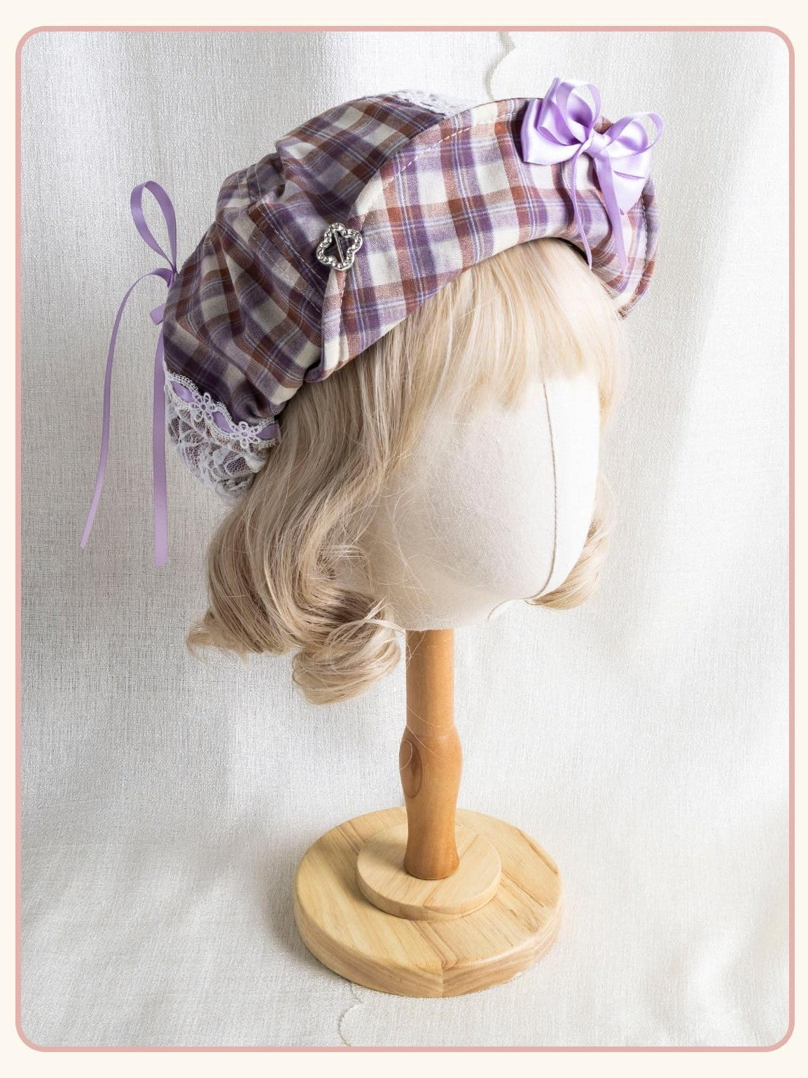 Stardust Rose Cloud Plaid Adjustable Bow Tie Strap Round Top Women's Full Bonnets