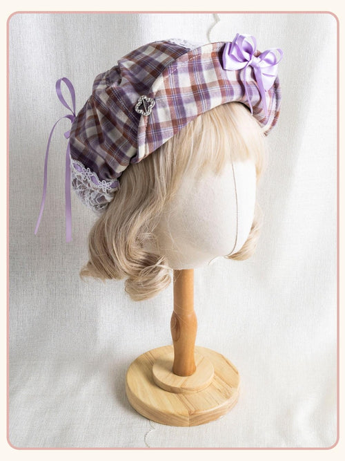 Stardust Rose Cloud Plaid Adjustable Bow Tie Strap Round Top Women's Full Bonnets