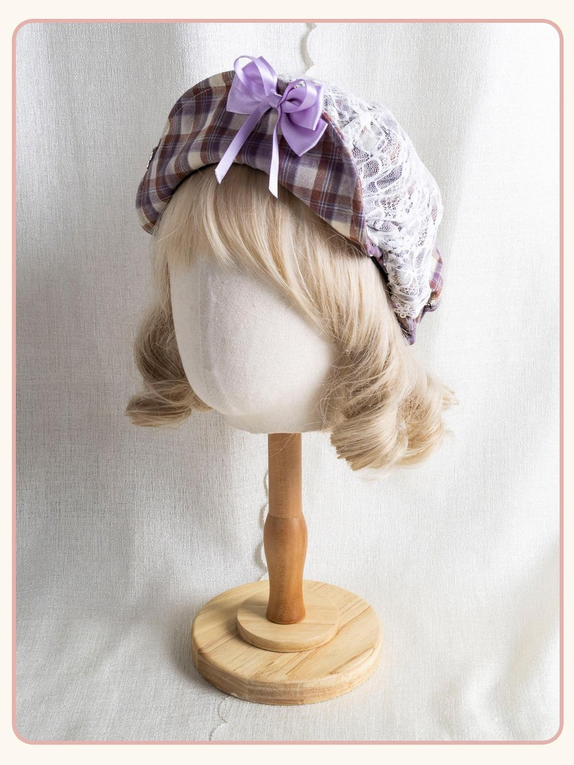 Stardust Rose Cloud Plaid Adjustable Bow Tie Strap Round Top Women's Full Bonnets