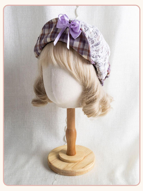 Stardust Rose Cloud Plaid Adjustable Bow Tie Strap Round Top Women's Full Bonnets