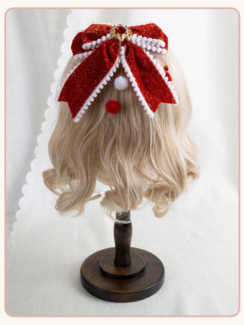 Stardust Rose Crimson Velvet Lace Bow Gold Koi Pearl Women's Lolita Hair Clips