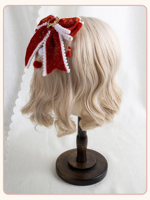 Stardust Rose Crimson Velvet Lace Bow Gold Koi Pearl Women's Lolita Hair Clips