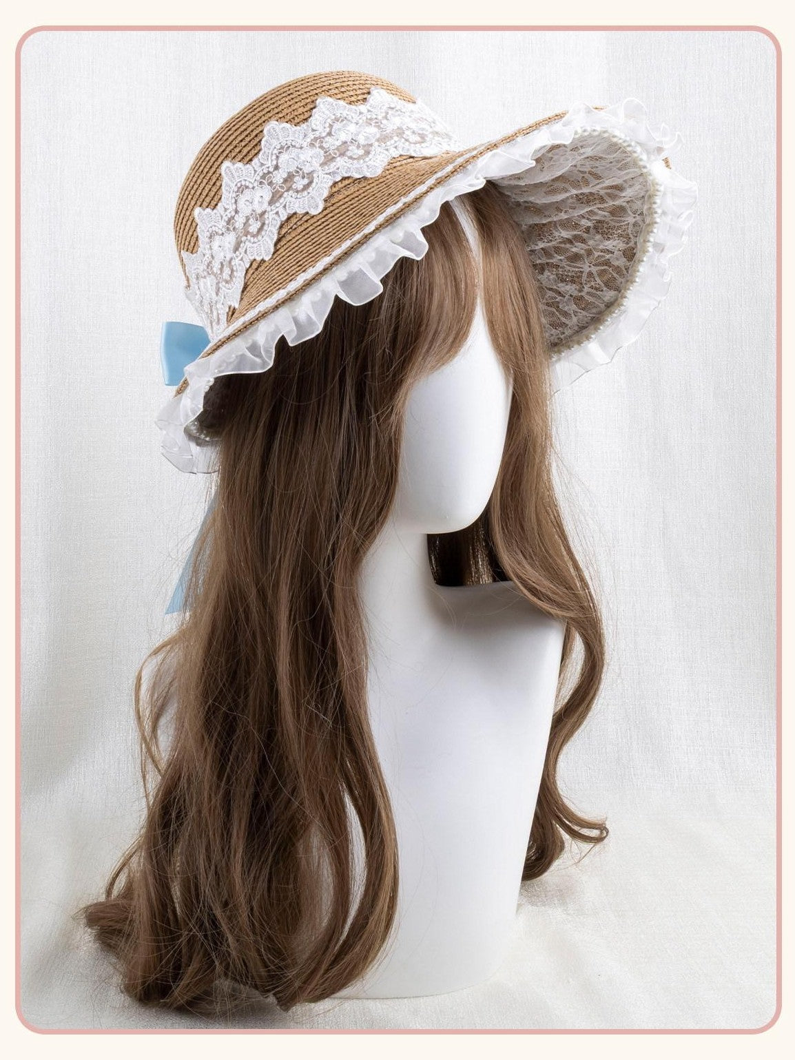 Stardust Rose Floral Print Lace Trim Bow Woven Straw Crown Wide Brim Women's Full Bonnets