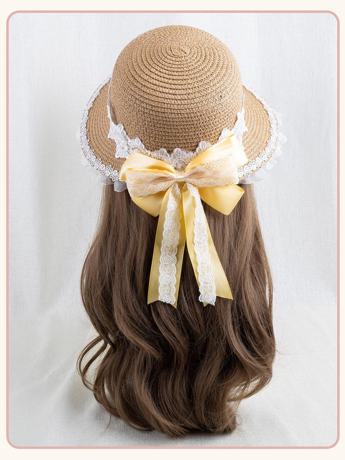 Stardust Rose Floral Print Lace Trim Bow Woven Straw Crown Wide Brim Women's Full Bonnets