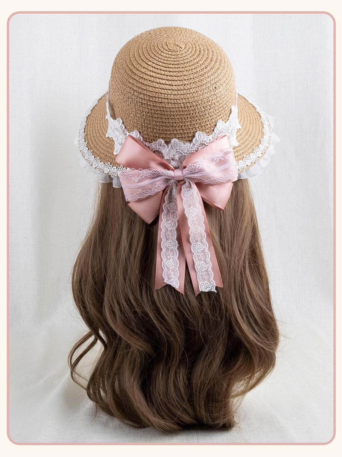 Stardust Rose Floral Print Lace Trim Bow Woven Straw Crown Wide Brim Women's Full Bonnets