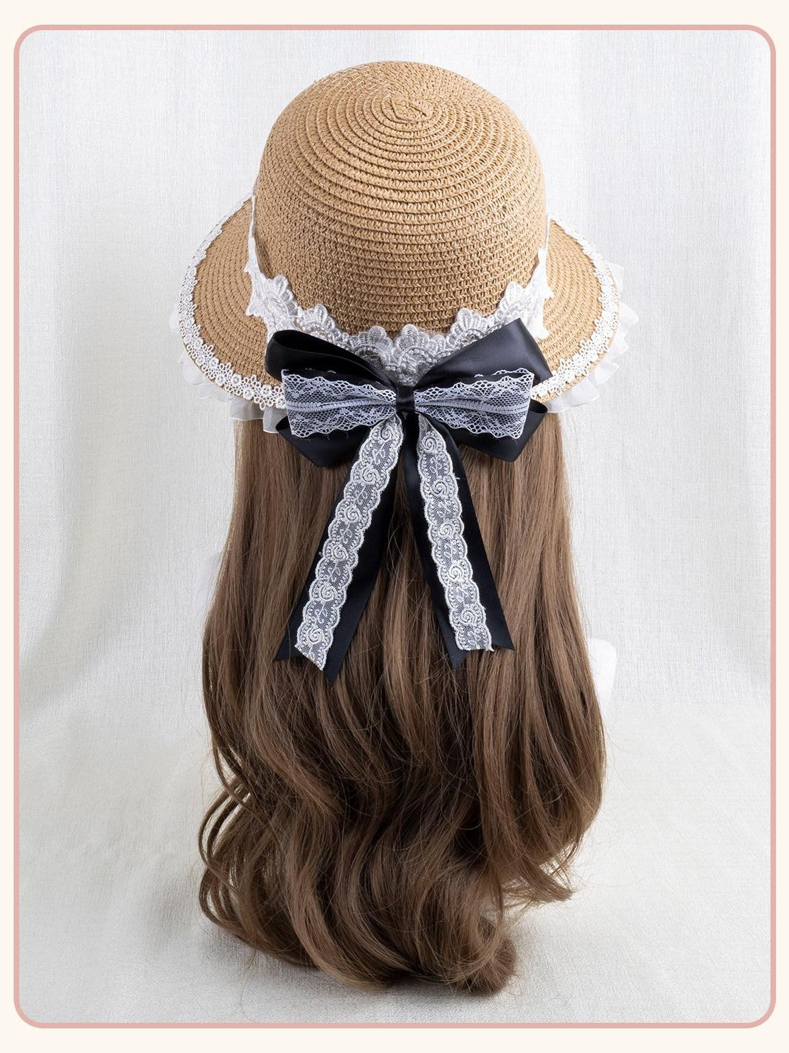 Stardust Rose Floral Print Lace Trim Bow Woven Straw Crown Wide Brim Women's Full Bonnets