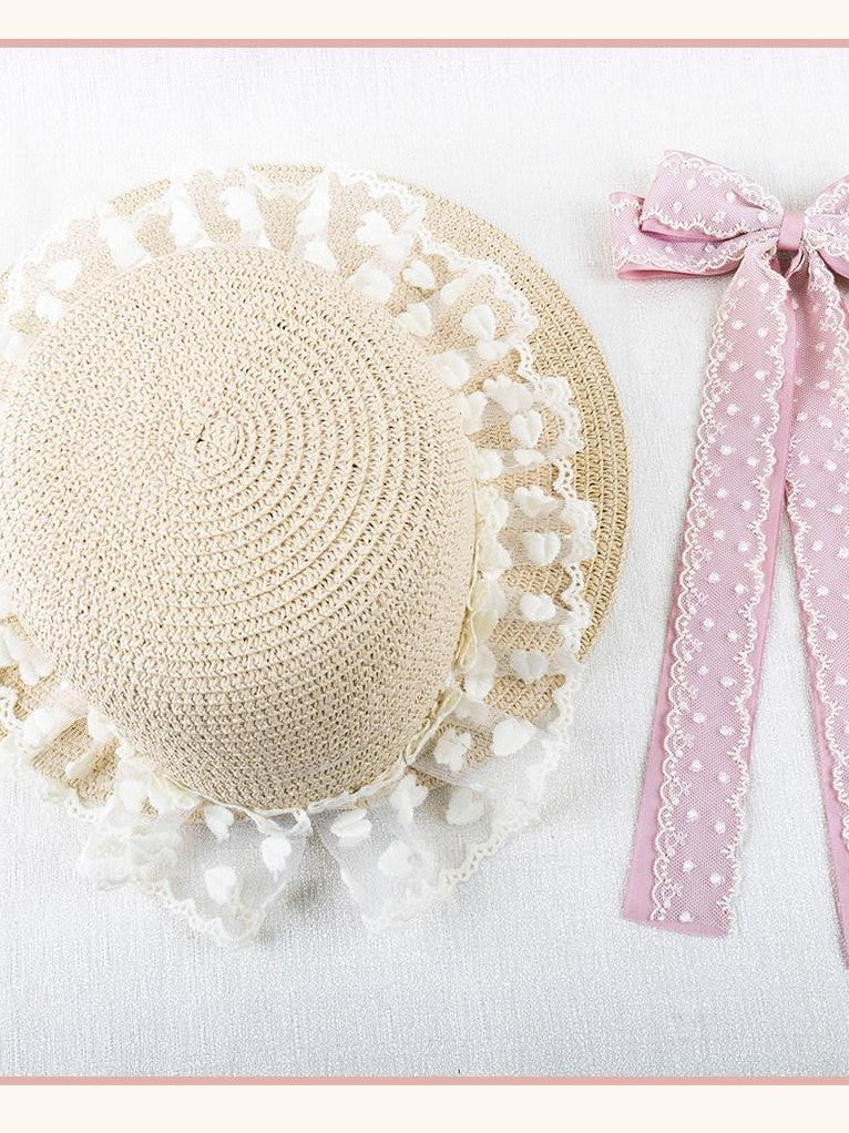 Stardust Rose Garden Lace Bow Polka Dot Ribbon Floral Doll Women's Straw Full Bonnets