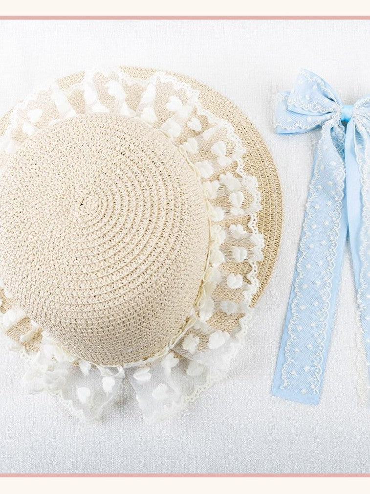 Stardust Rose Garden Lace Bow Polka Dot Ribbon Floral Doll Women's Straw Full Bonnets