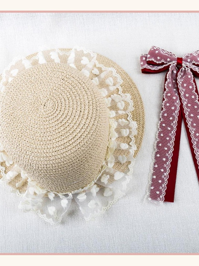 Stardust Rose Garden Lace Bow Polka Dot Ribbon Floral Doll Women's Straw Full Bonnets
