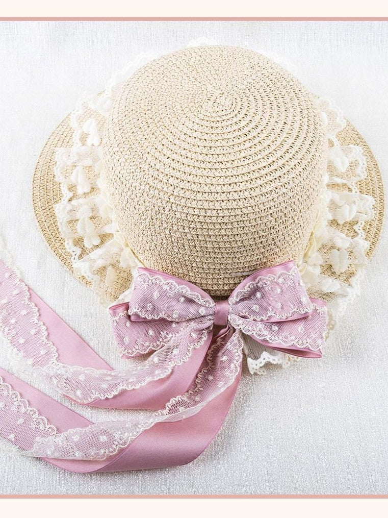 Stardust Rose Garden Lace Bow Polka Dot Ribbon Floral Doll Women's Straw Full Bonnets