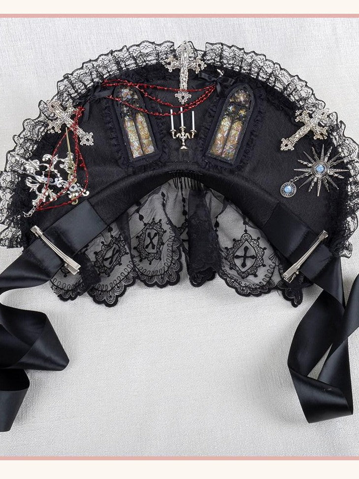 Stardust Rose Gothic Cross Lolita Bridal Requiem Women's Lace Bonnet Top Hat Veils