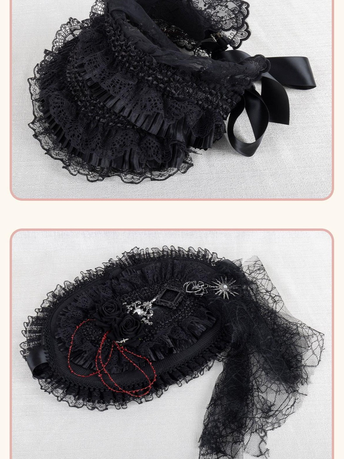 Stardust Rose Gothic Cross Lolita Bridal Requiem Women's Lace Bonnet Top Hat Veils