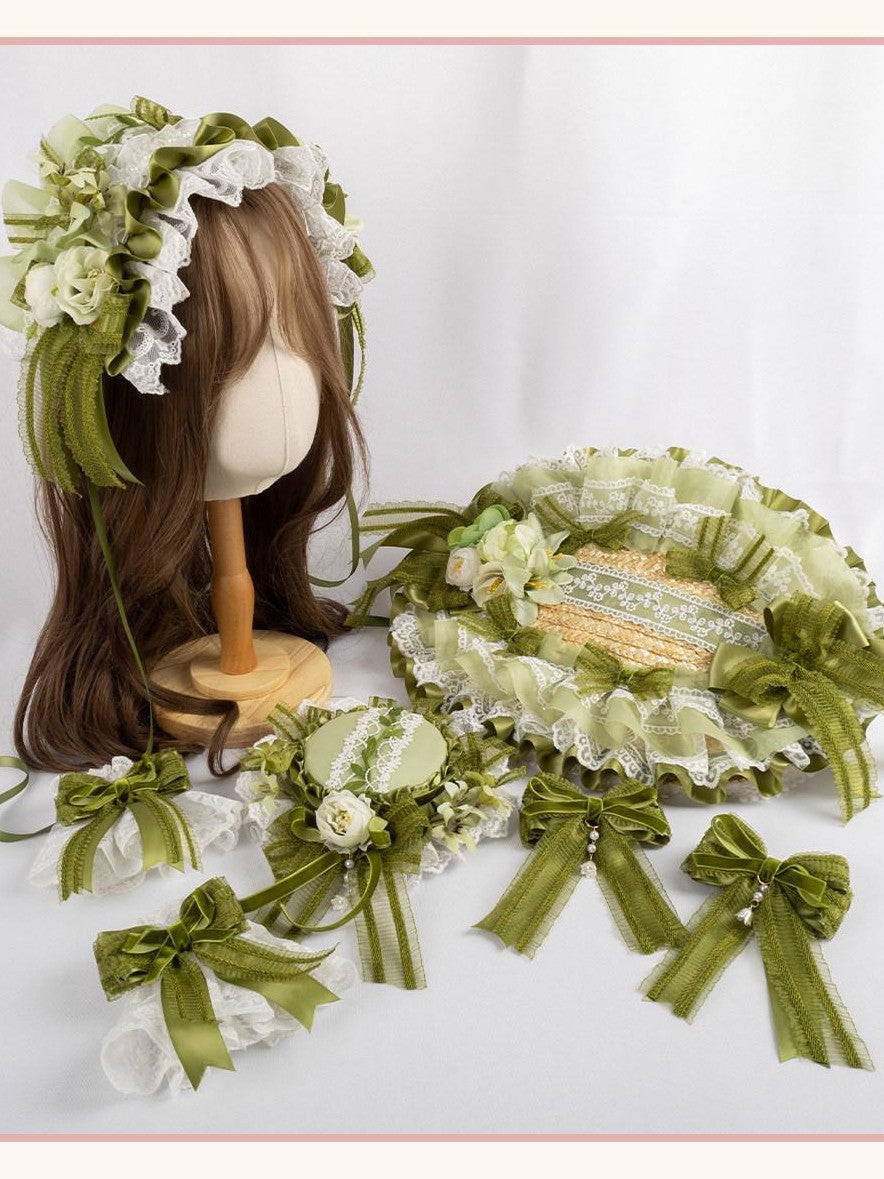 Stardust Rose Grass Green Lace Lily Of The Valley Lolita Top Hat Women's Hair Clips