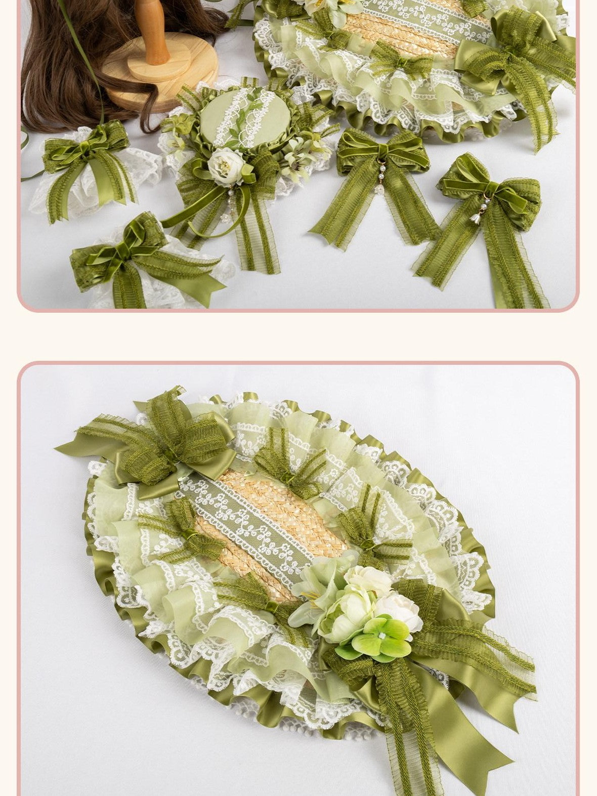 Stardust Rose Grass Green Lace Lily Of The Valley Lolita Top Hat Women's Hair Clips