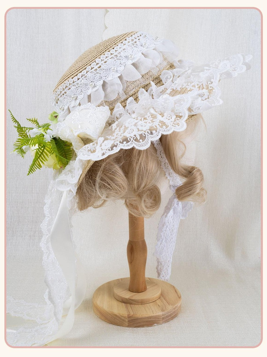 Stardust Rose Lace Bow Rose Ribbon Lolita Women's Straw Woven Floral Striped Full Bonnets