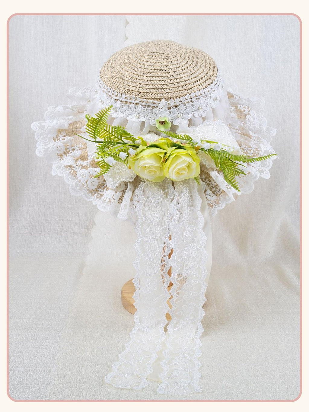 Stardust Rose Lace Bow Rose Ribbon Lolita Women's Straw Woven Floral Striped Full Bonnets