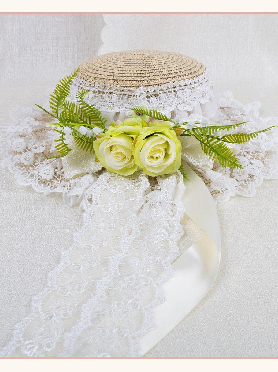 Stardust Rose Lace Bow Rose Ribbon Lolita Women's Straw Woven Floral Striped Full Bonnets