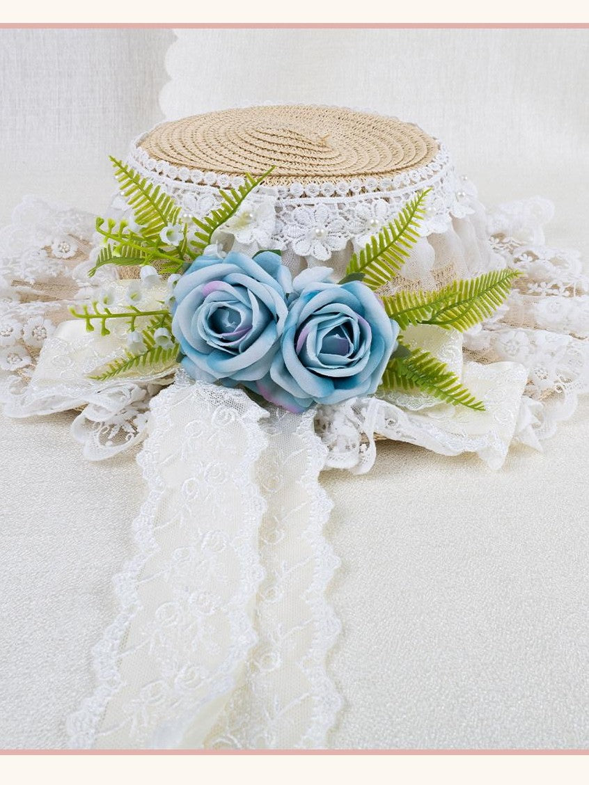 Stardust Rose Lace Bow Rose Ribbon Lolita Women's Straw Woven Floral Striped Full Bonnets