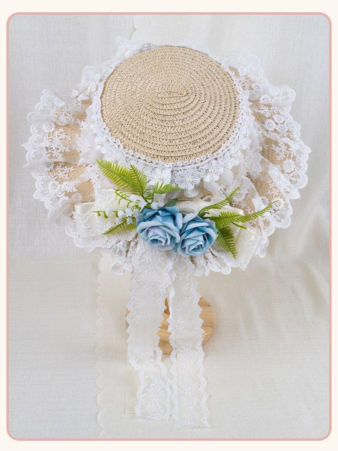 Stardust Rose Lace Bow Rose Ribbon Lolita Women's Straw Woven Floral Striped Full Bonnets