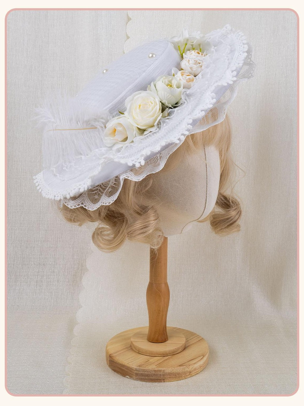 Stardust Rose Lace Rosebud Feather Bridal Flat Top Elegant Women's White Half Bonnets