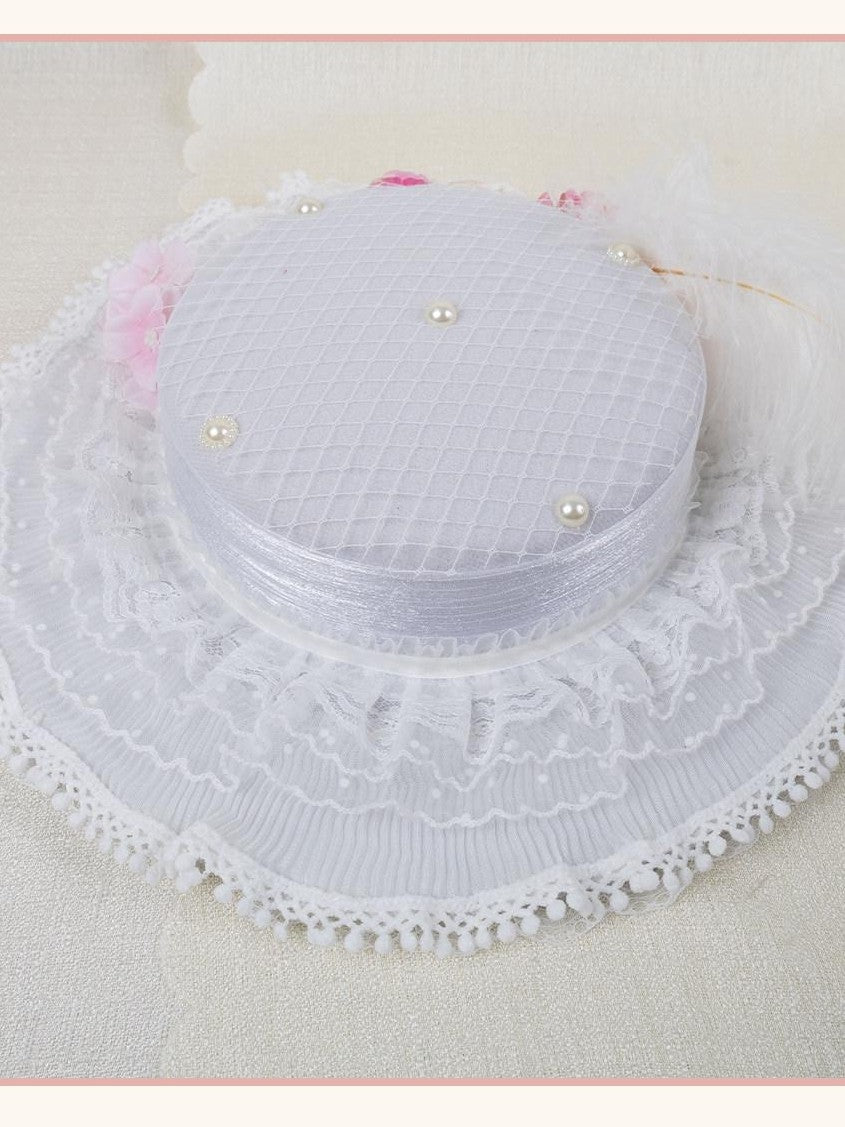 Stardust Rose Lace Rosebud Feather Bridal Flat Top Elegant Women's White Half Bonnets