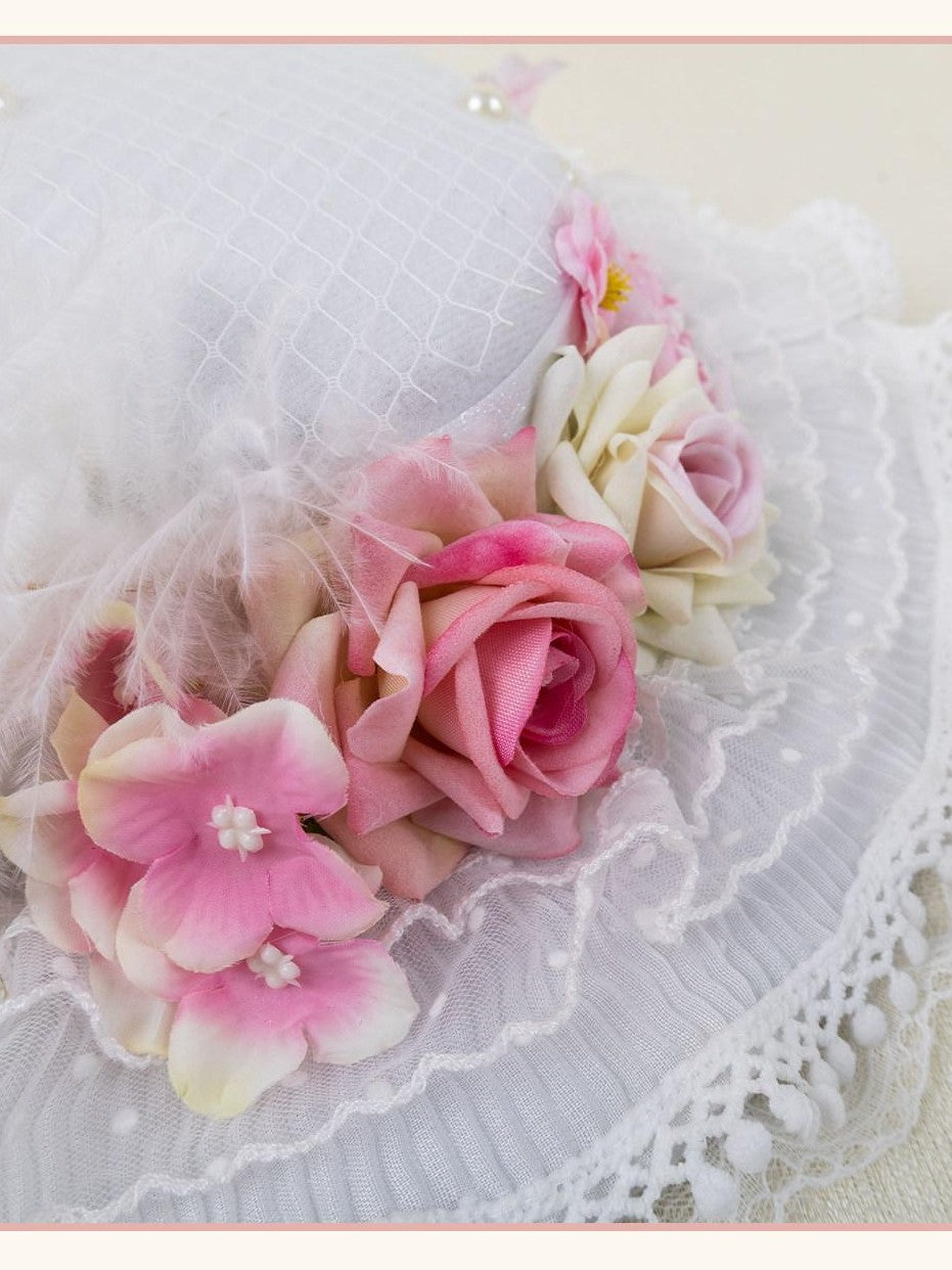 Stardust Rose Lace Rosebud Feather Bridal Flat Top Elegant Women's White Half Bonnets