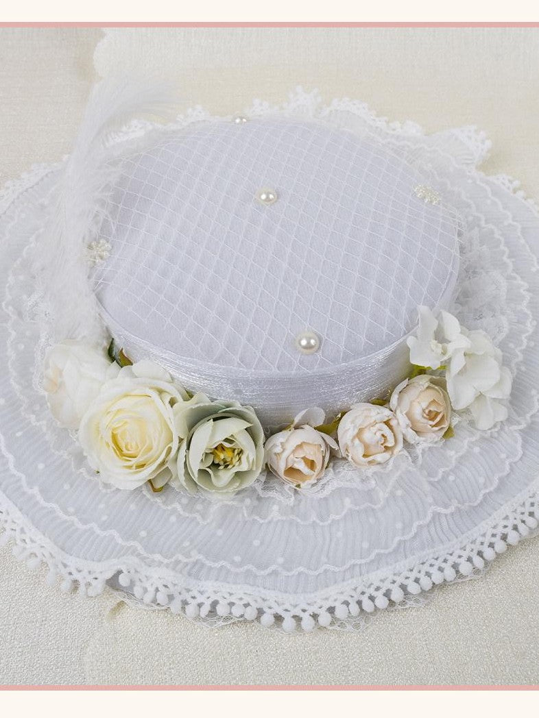 Stardust Rose Lace Rosebud Feather Bridal Flat Top Elegant Women's White Half Bonnets