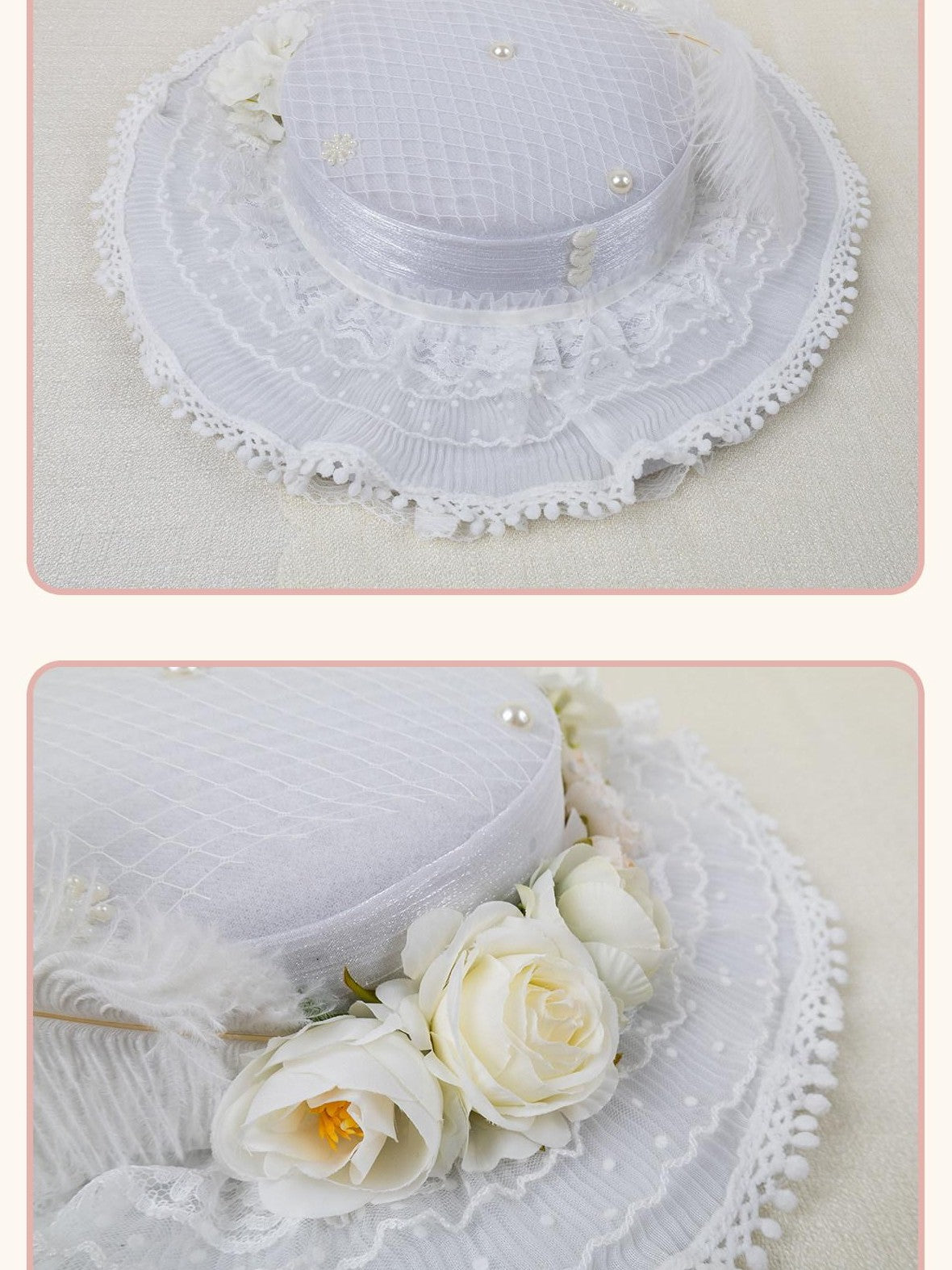Stardust Rose Lace Rosebud Feather Bridal Flat Top Elegant Women's White Half Bonnets