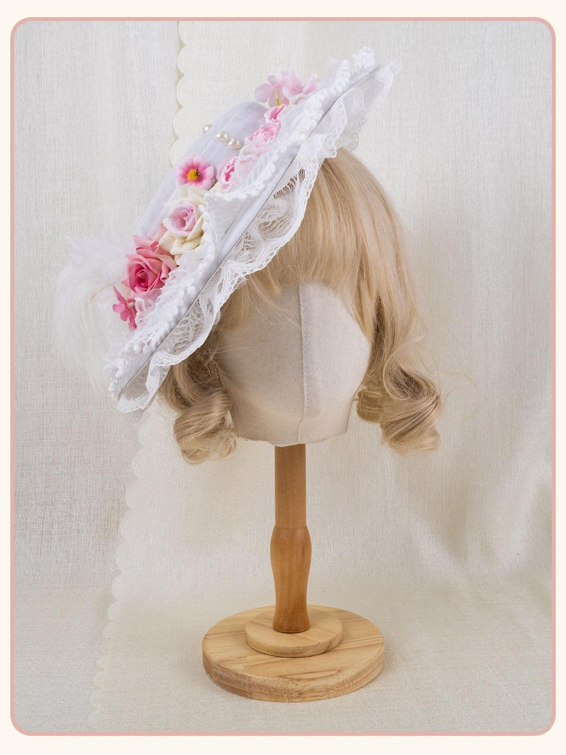 Stardust Rose Lace Rosebud Feather Bridal Flat Top Elegant Women's White Half Bonnets