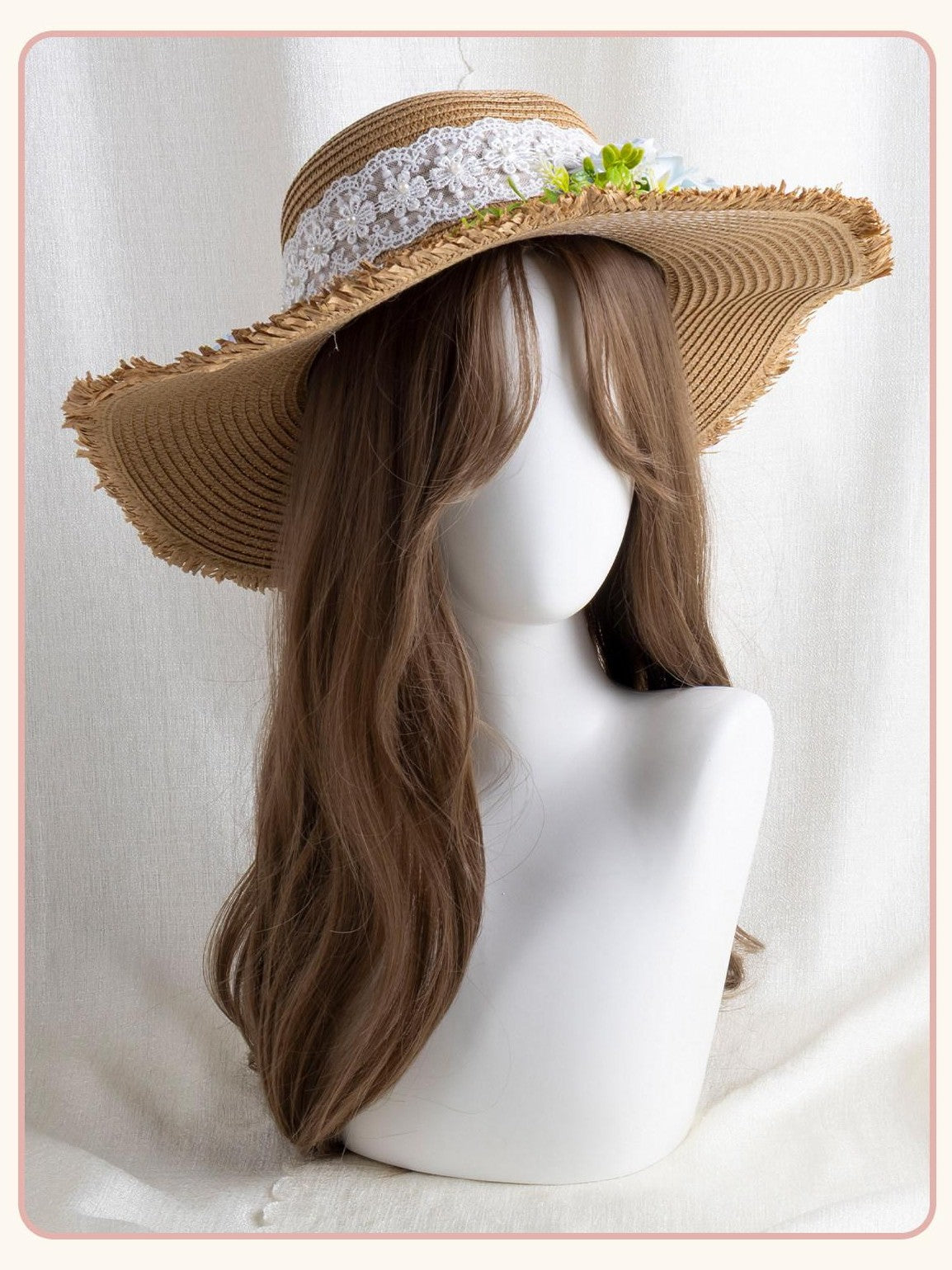 Stardust Rose Lace Trim Cottagecore Blue Jacaranda Women's Straw Wide Brim Full Bonnets