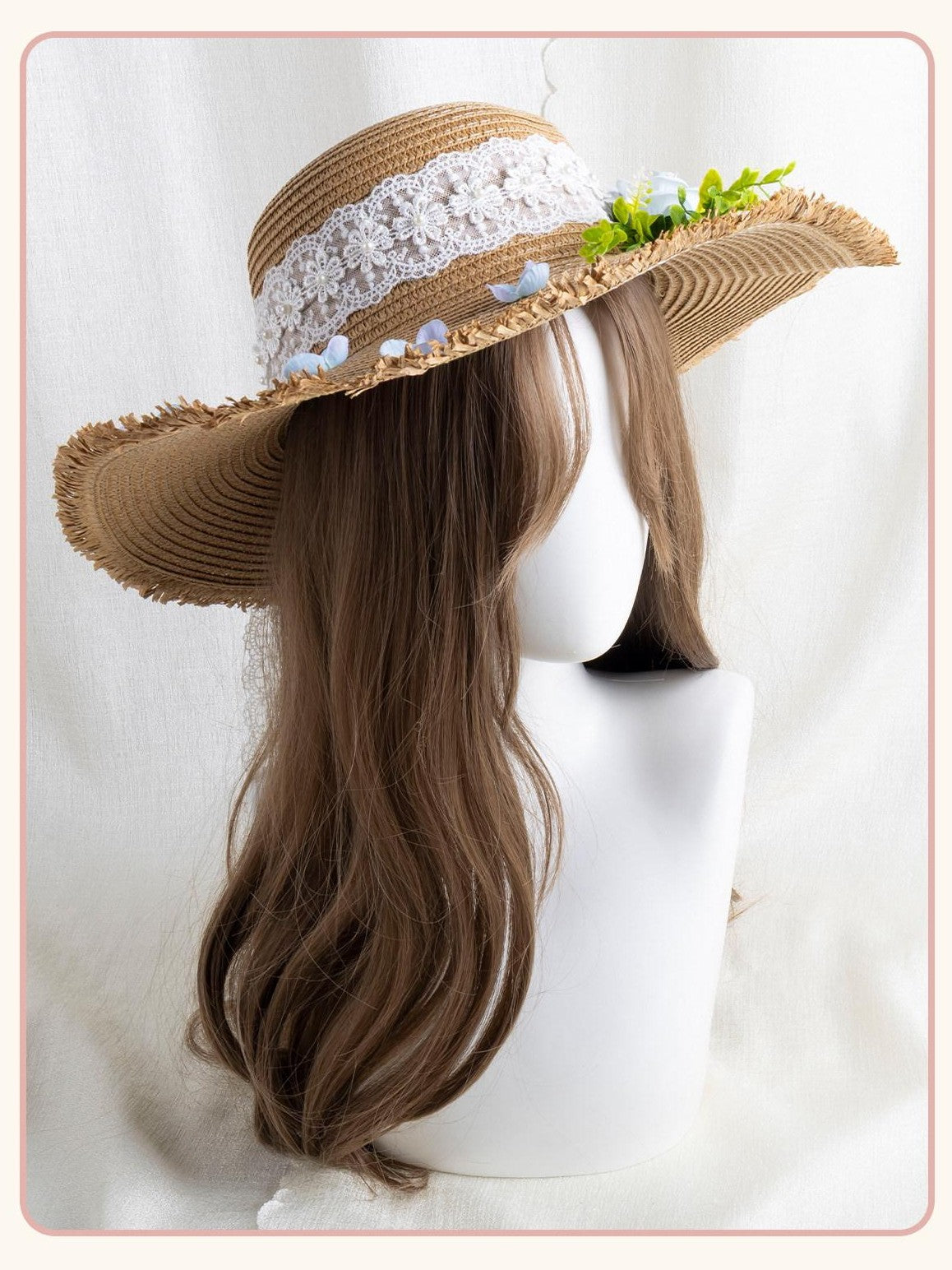 Stardust Rose Lace Trim Cottagecore Blue Jacaranda Women's Straw Wide Brim Full Bonnets