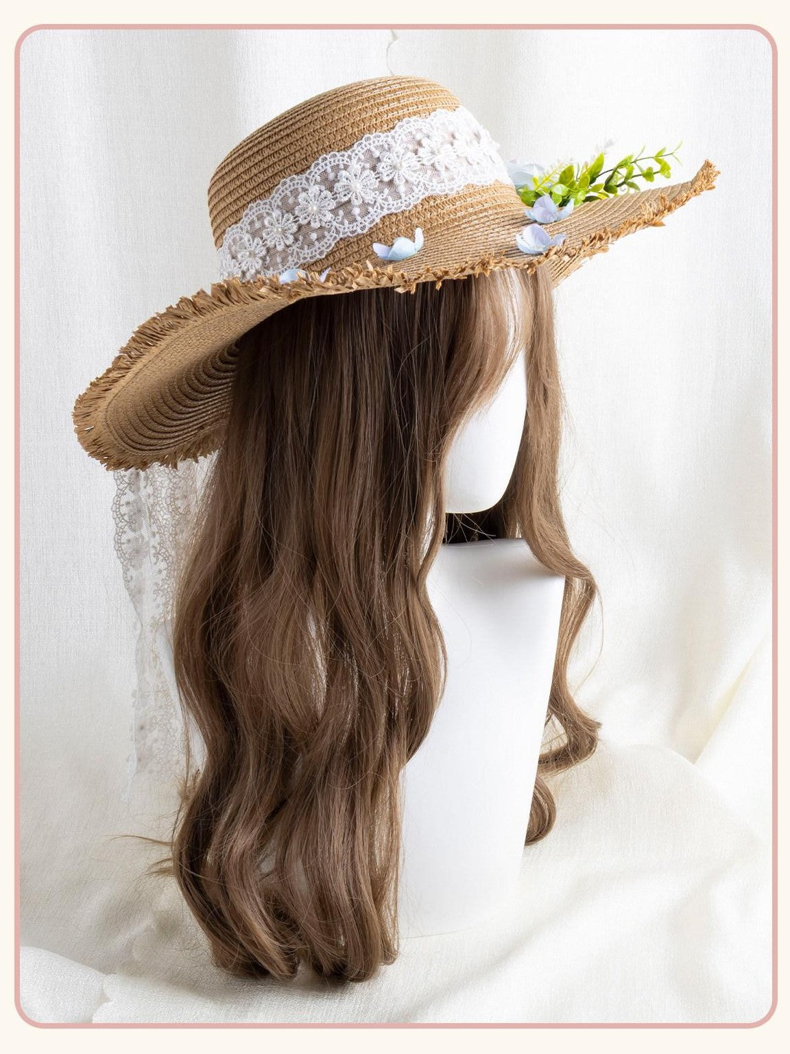 Stardust Rose Lace Trim Cottagecore Blue Jacaranda Women's Straw Wide Brim Full Bonnets