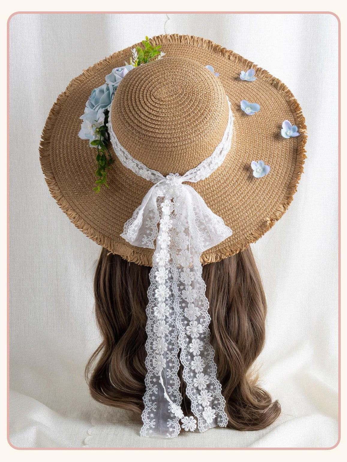 Stardust Rose Lace Trim Cottagecore Blue Jacaranda Women's Straw Wide Brim Full Bonnets