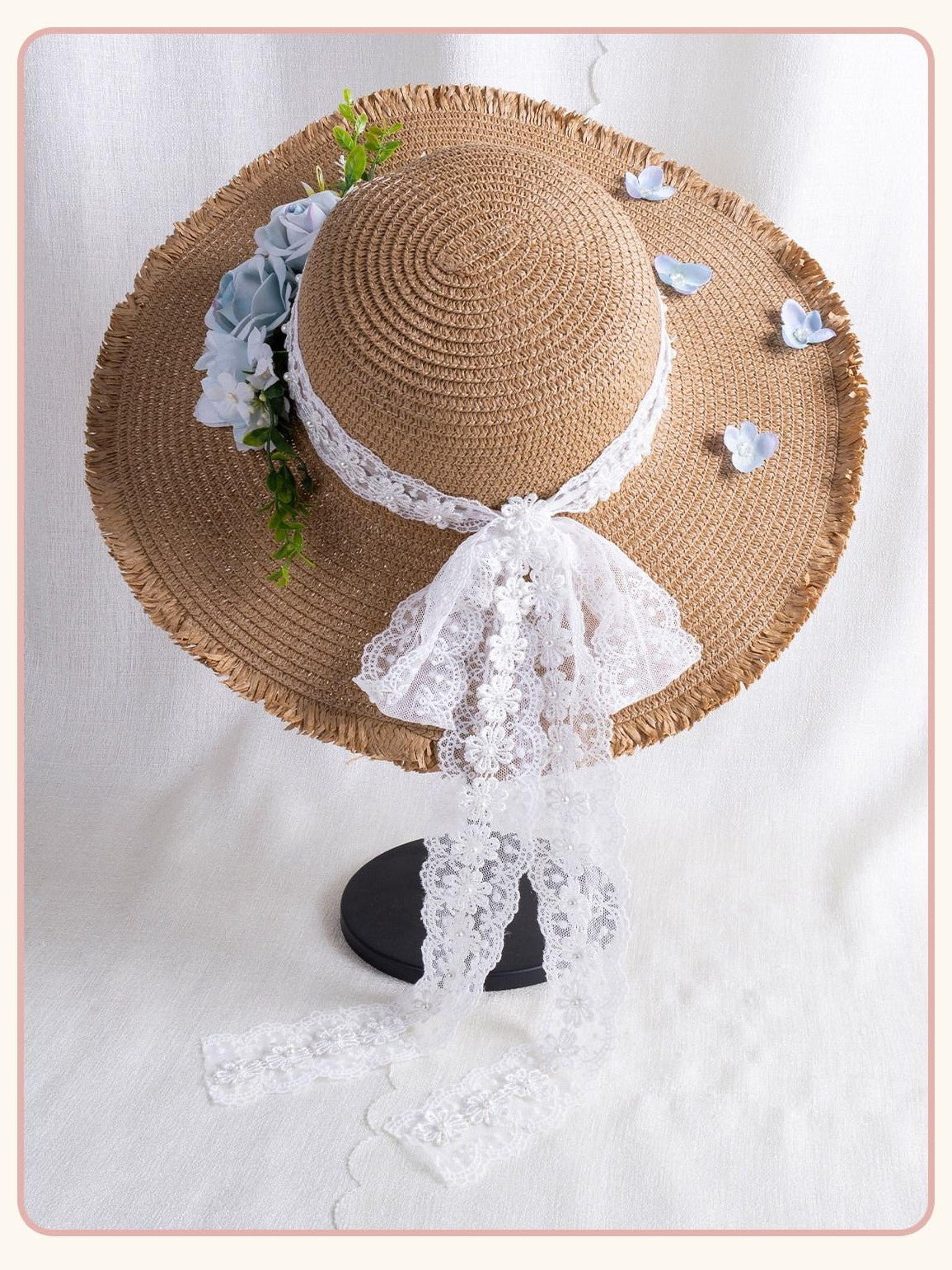 Stardust Rose Lace Trim Cottagecore Blue Jacaranda Women's Straw Wide Brim Full Bonnets