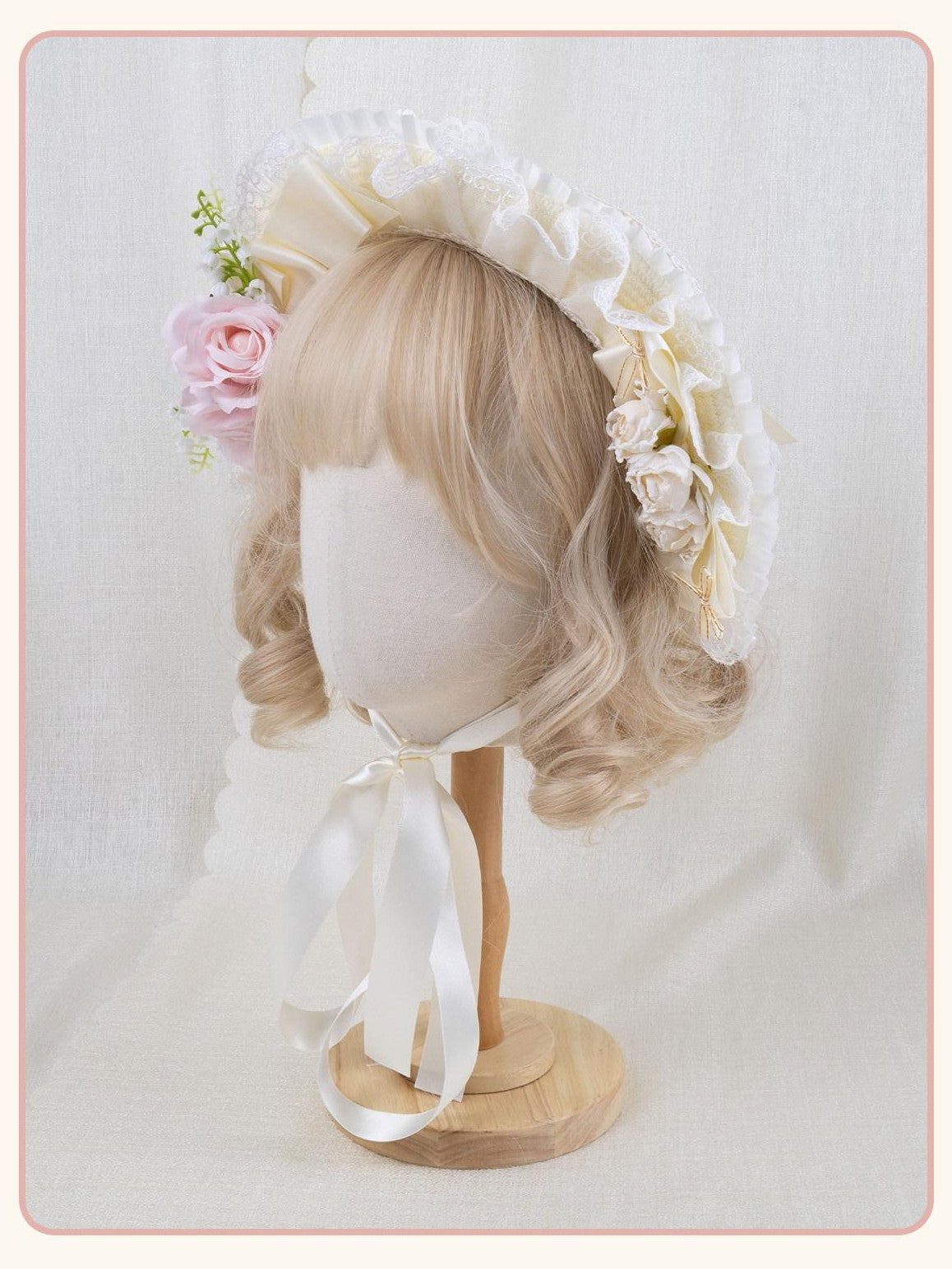 Stardust Rose Lolita Floral Maru Veil Rose Ribbon Tie Women's Lace Half Bonnets