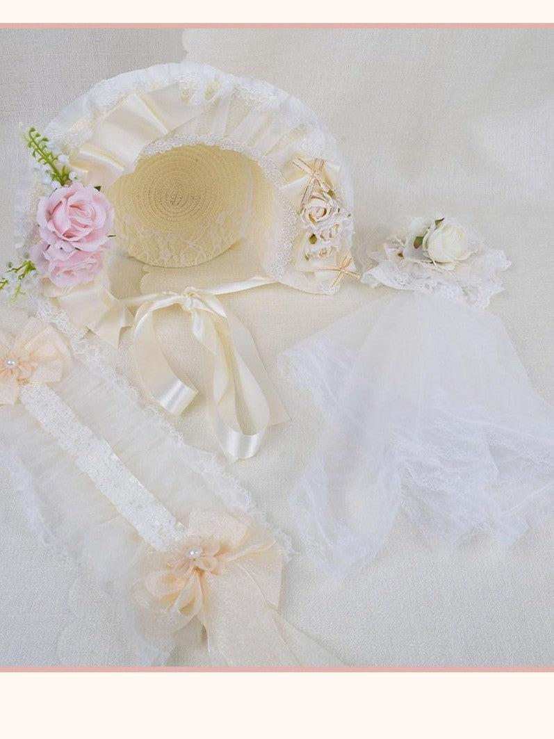 Stardust Rose Lolita Floral Maru Veil Rose Ribbon Tie Women's Lace Half Bonnets