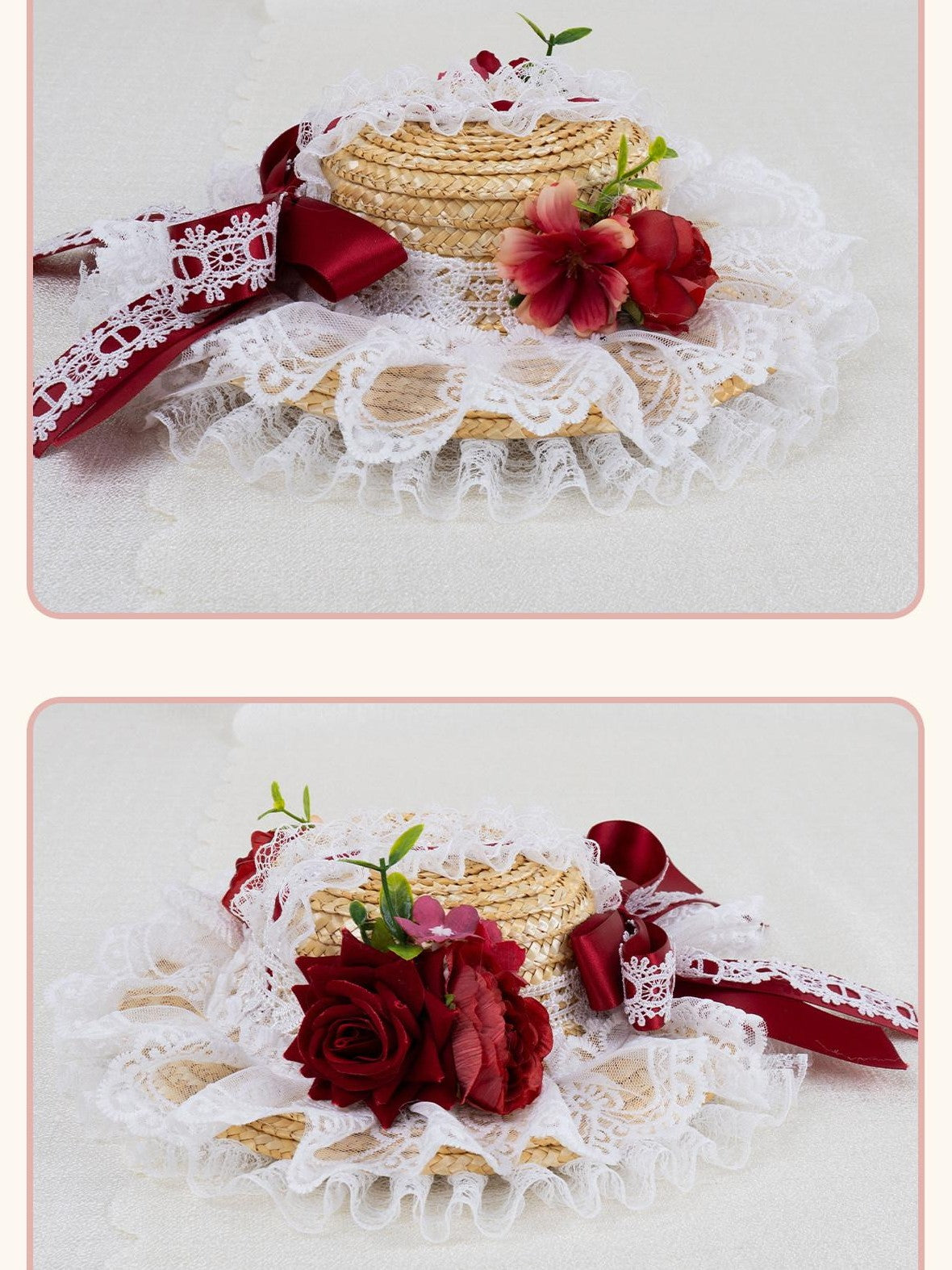 Stardust Rose Mini Top Hat Lace Bow Geometric Colorblock Women's Straw Hair Clips