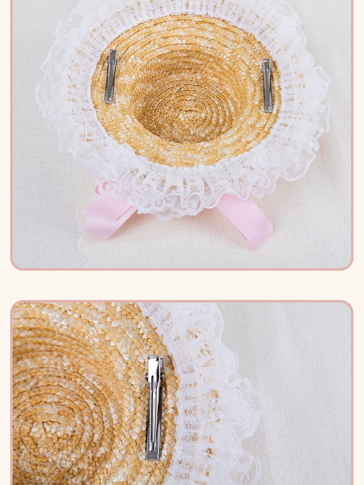 Stardust Rose Mini Top Hat Lace Bow Geometric Colorblock Women's Straw Hair Clips