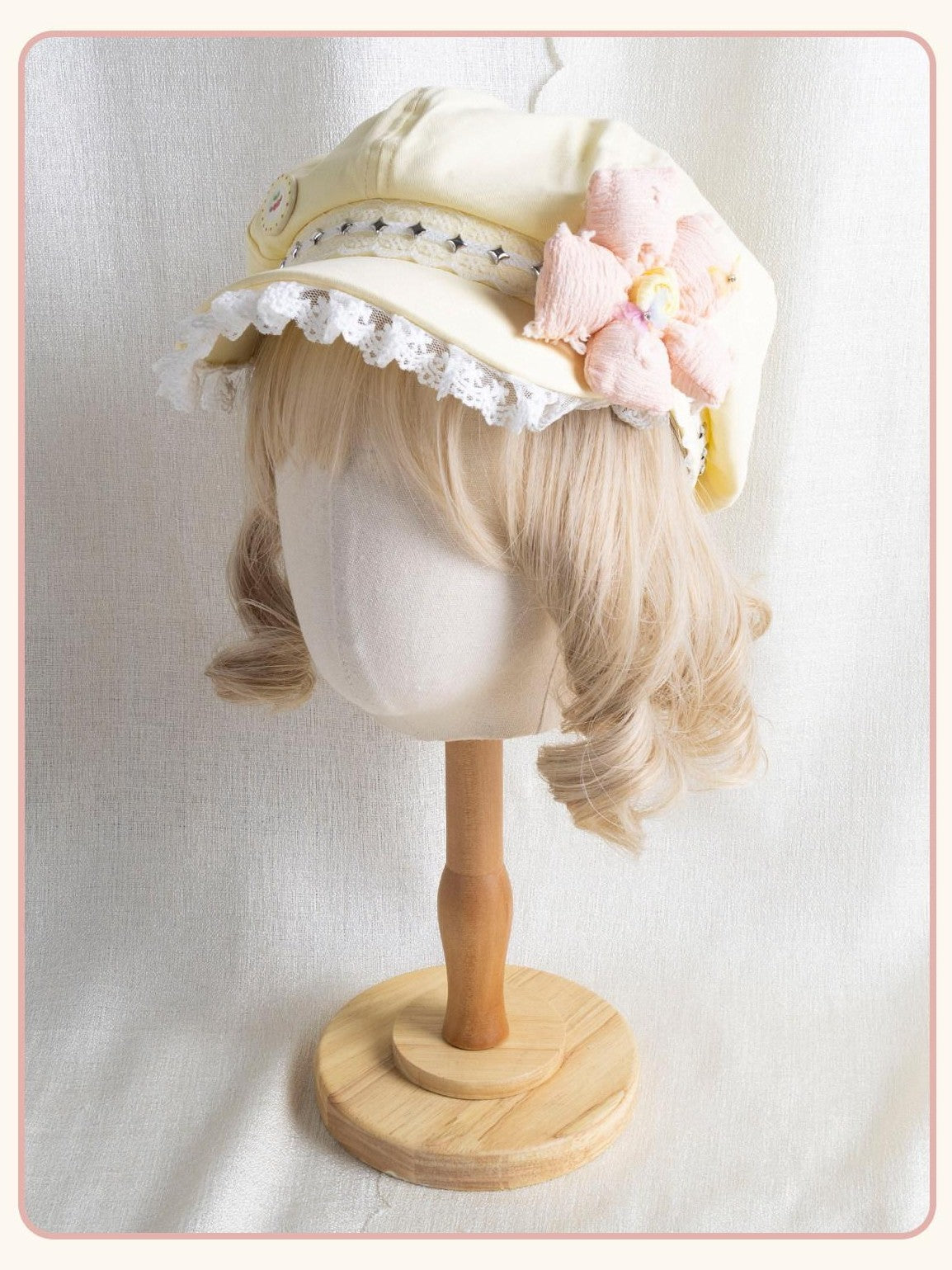 Stardust Rose Pastel Lace Solid Color Round Top Curved Brim Women's Full Bonnets