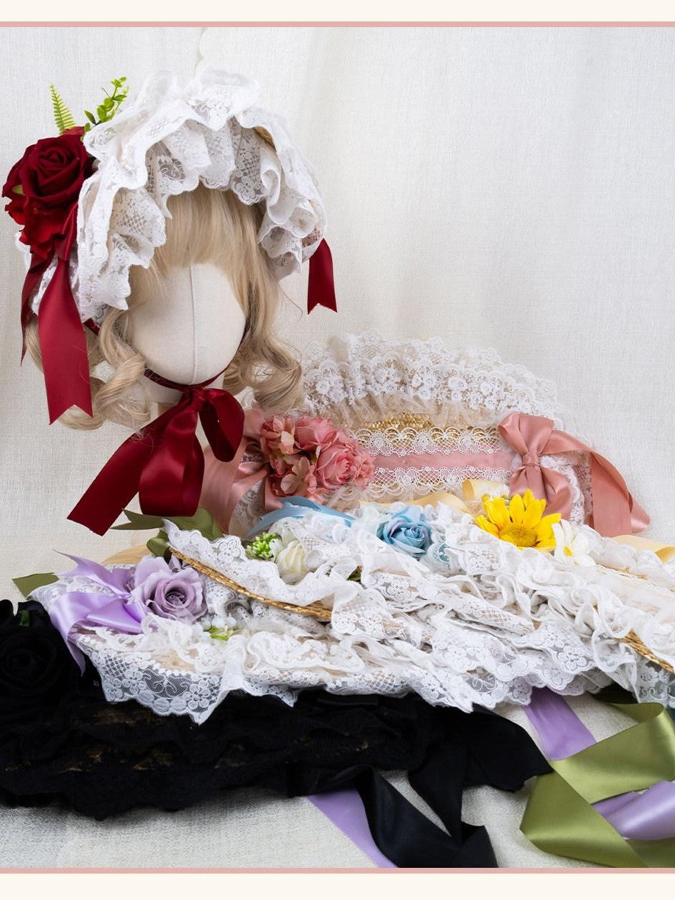 Stardust Rose Pastoral Lolita Lace Bow Floral Woven Flat Top Women's Straw Half Bonnets