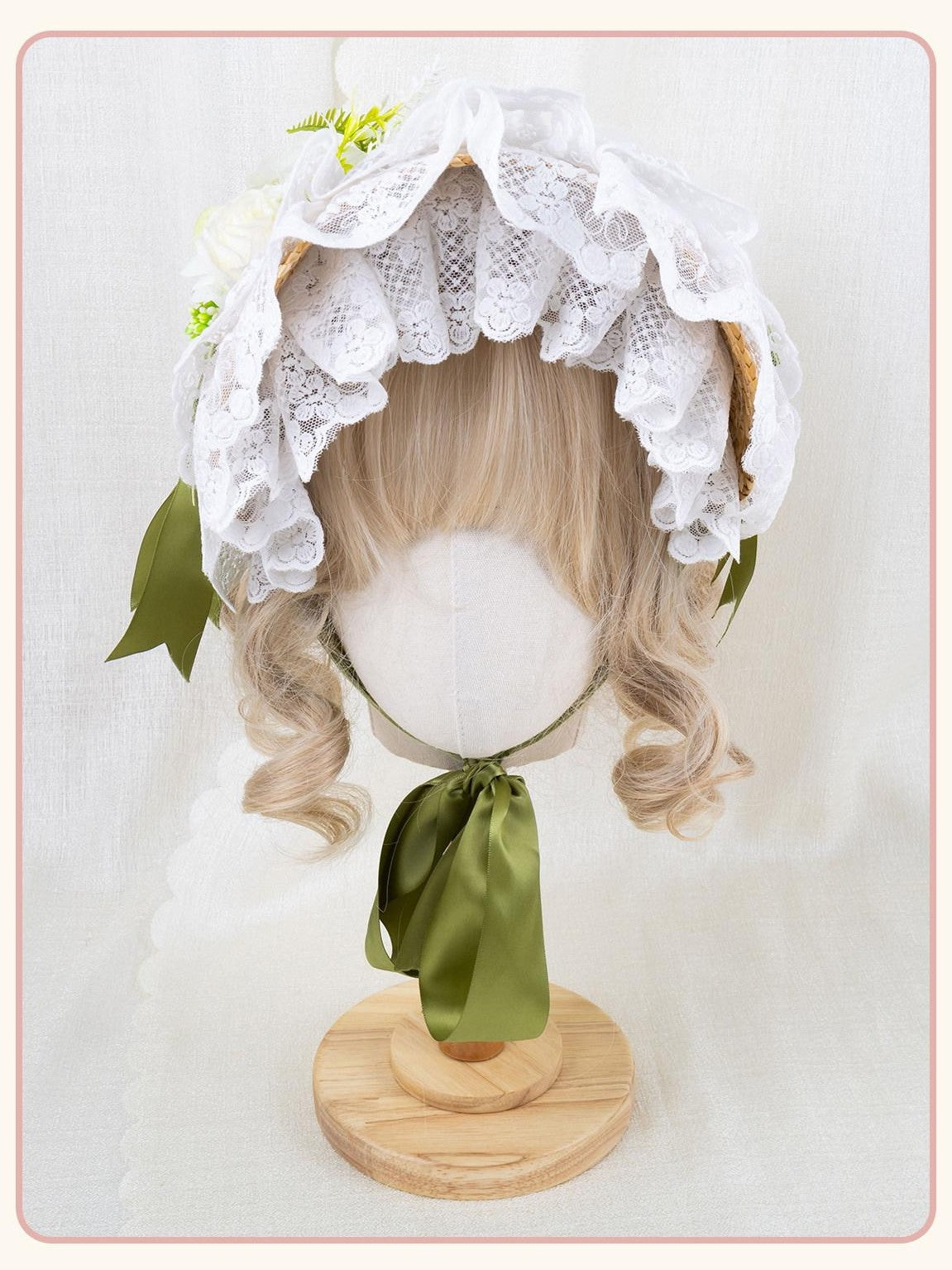 Stardust Rose Pastoral Lolita Lace Bow Floral Woven Flat Top Women's Straw Half Bonnets