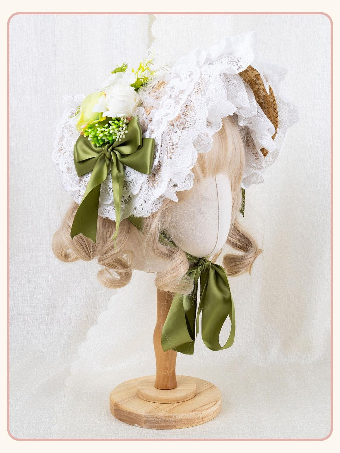 Stardust Rose Pastoral Lolita Lace Bow Floral Woven Flat Top Women's Straw Half Bonnets