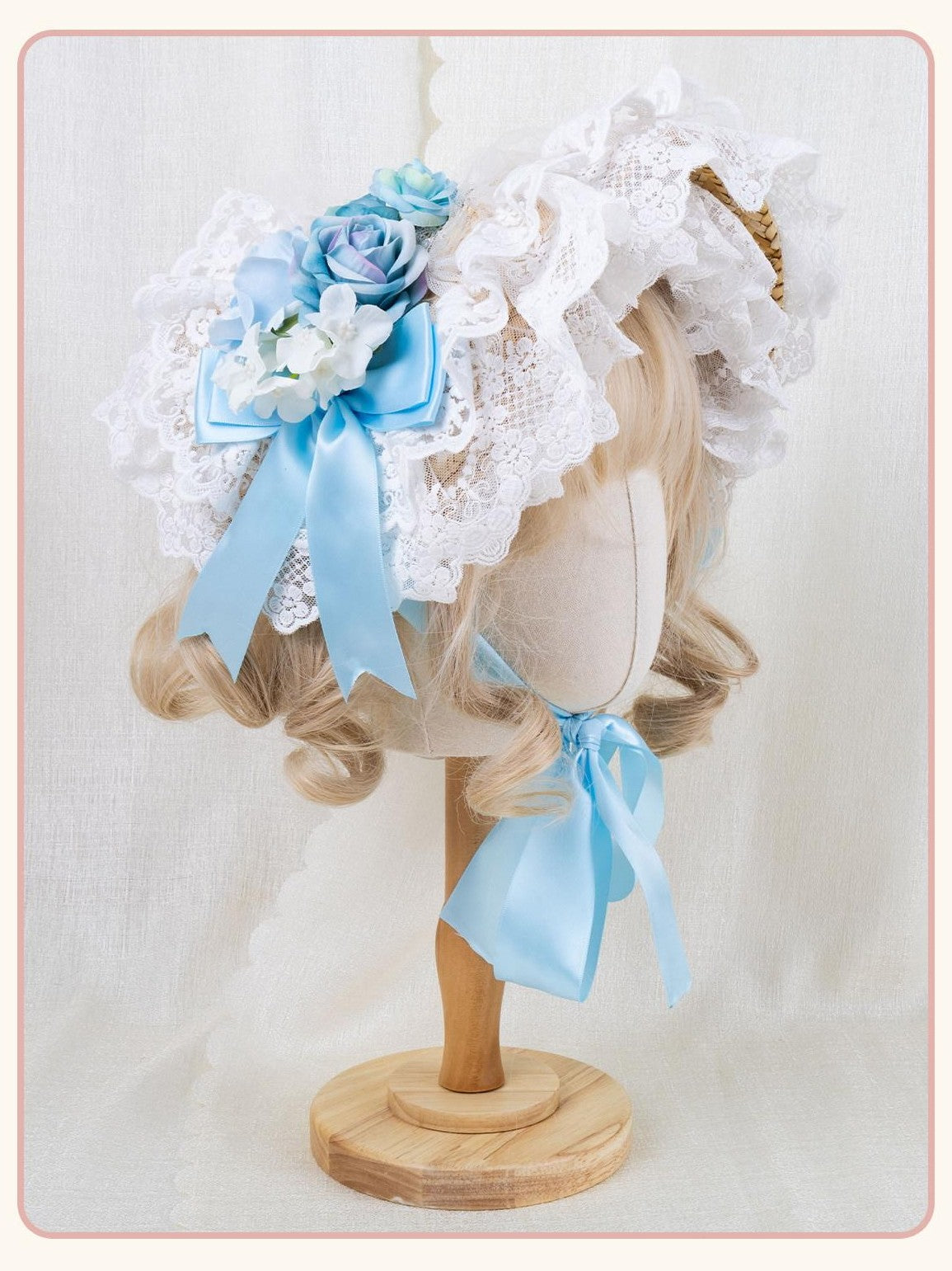 Stardust Rose Pastoral Lolita Lace Bow Floral Woven Flat Top Women's Straw Half Bonnets