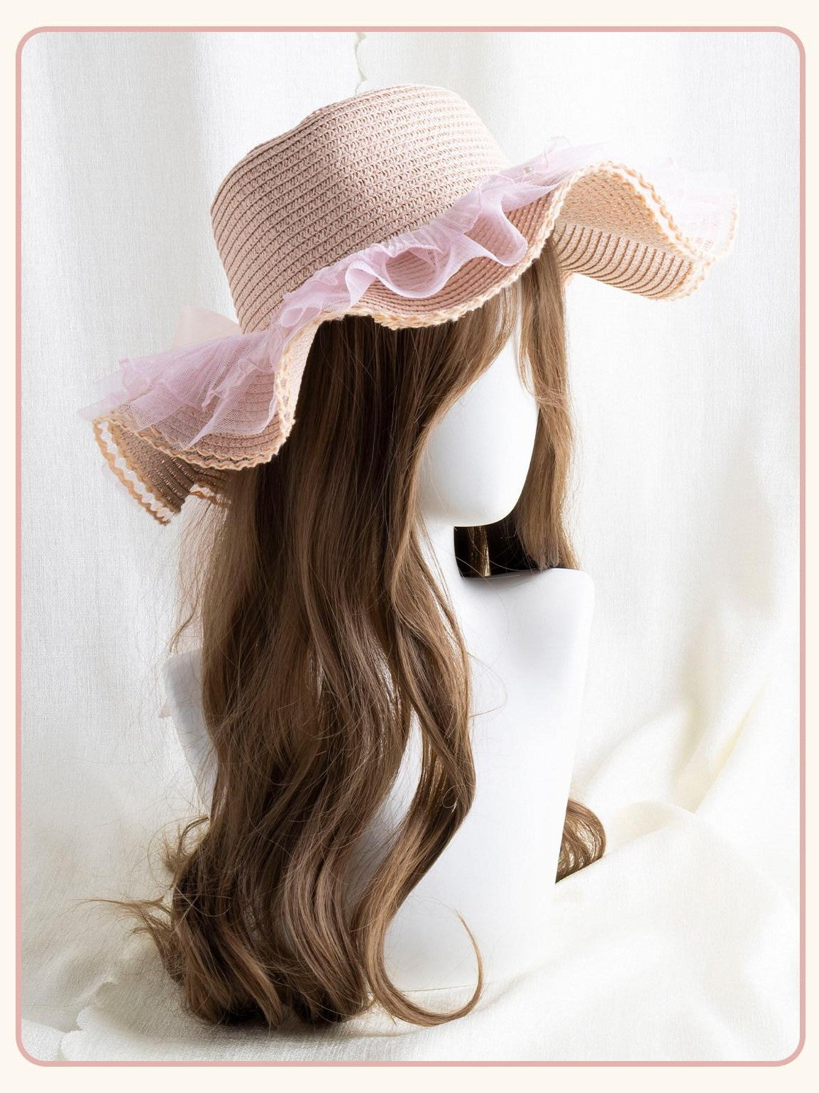 Stardust Rose Peach Tulip Floral Bow Lace Wide Brim Round Top Women's Straw Full Bonnets