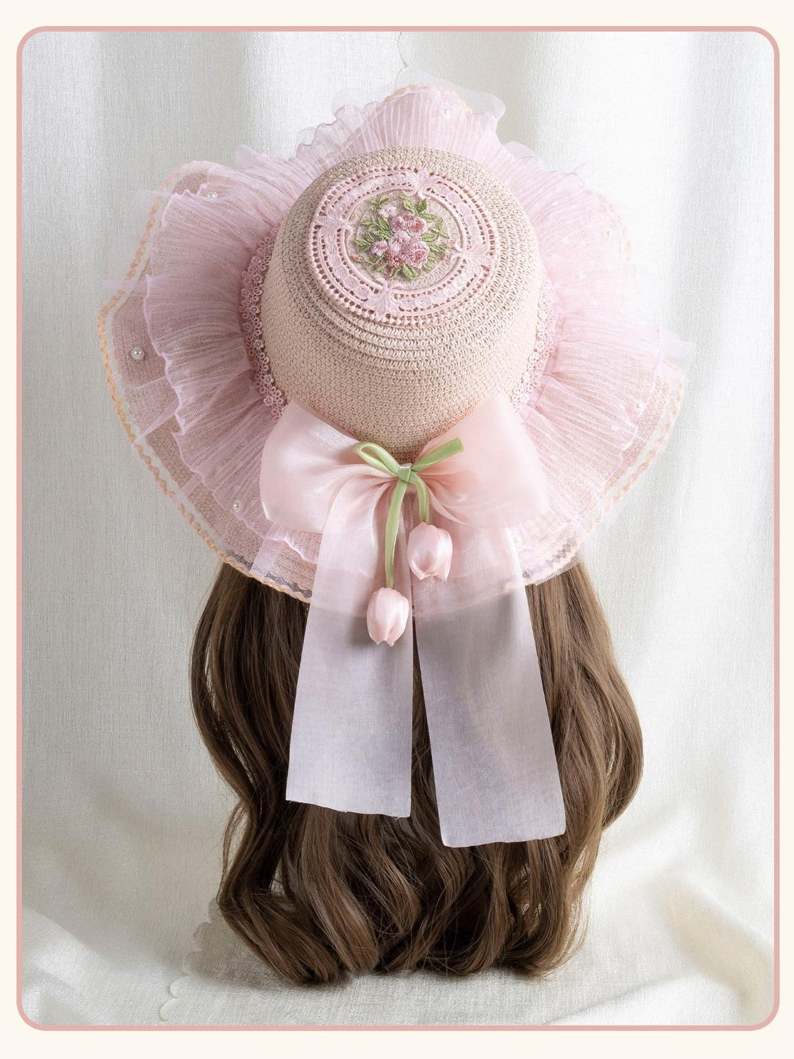 Stardust Rose Peach Tulip Floral Bow Lace Wide Brim Round Top Women's Straw Full Bonnets