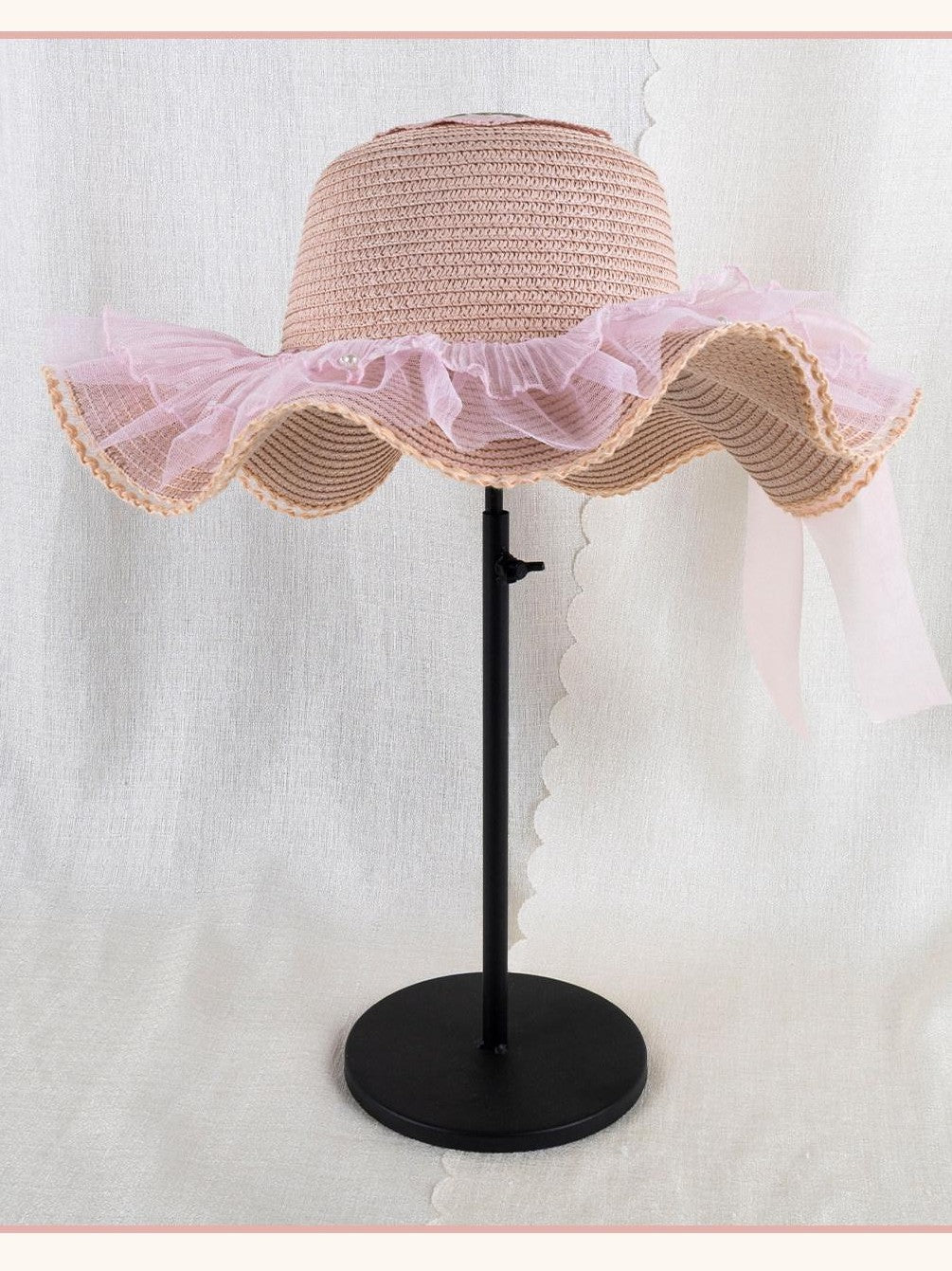 Stardust Rose Peach Tulip Floral Bow Lace Wide Brim Round Top Women's Straw Full Bonnets