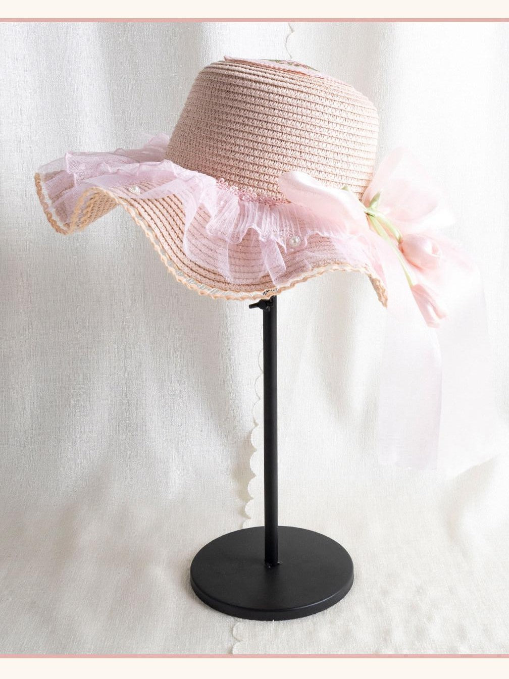 Stardust Rose Peach Tulip Floral Bow Lace Wide Brim Round Top Women's Straw Full Bonnets