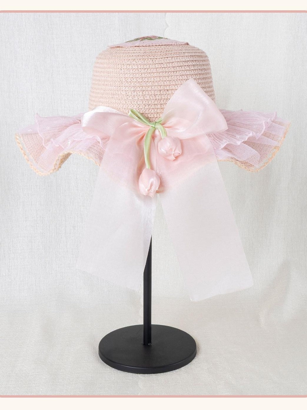 Stardust Rose Peach Tulip Floral Bow Lace Wide Brim Round Top Women's Straw Full Bonnets